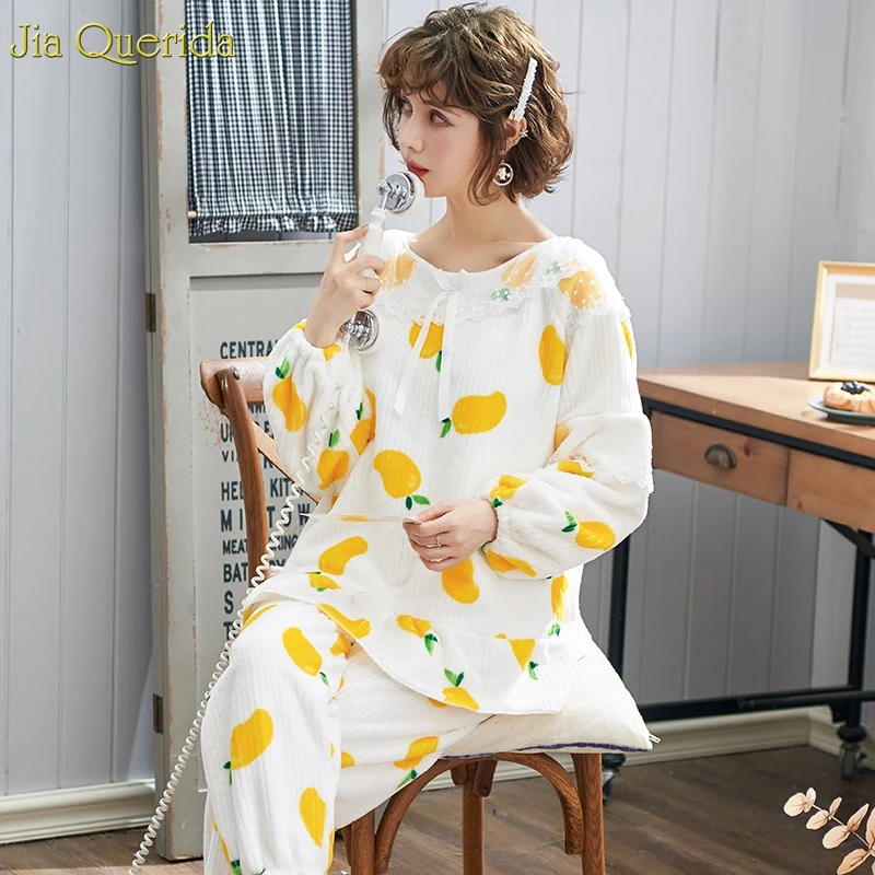 Kawaii Pjs с принтом манго, новые фланелевые зимние домашние костюмы, рукава-фонарики, для девочек, с галстуком-бабочкой, с кружевным воротником, украшенный пижамный комплект для женщин