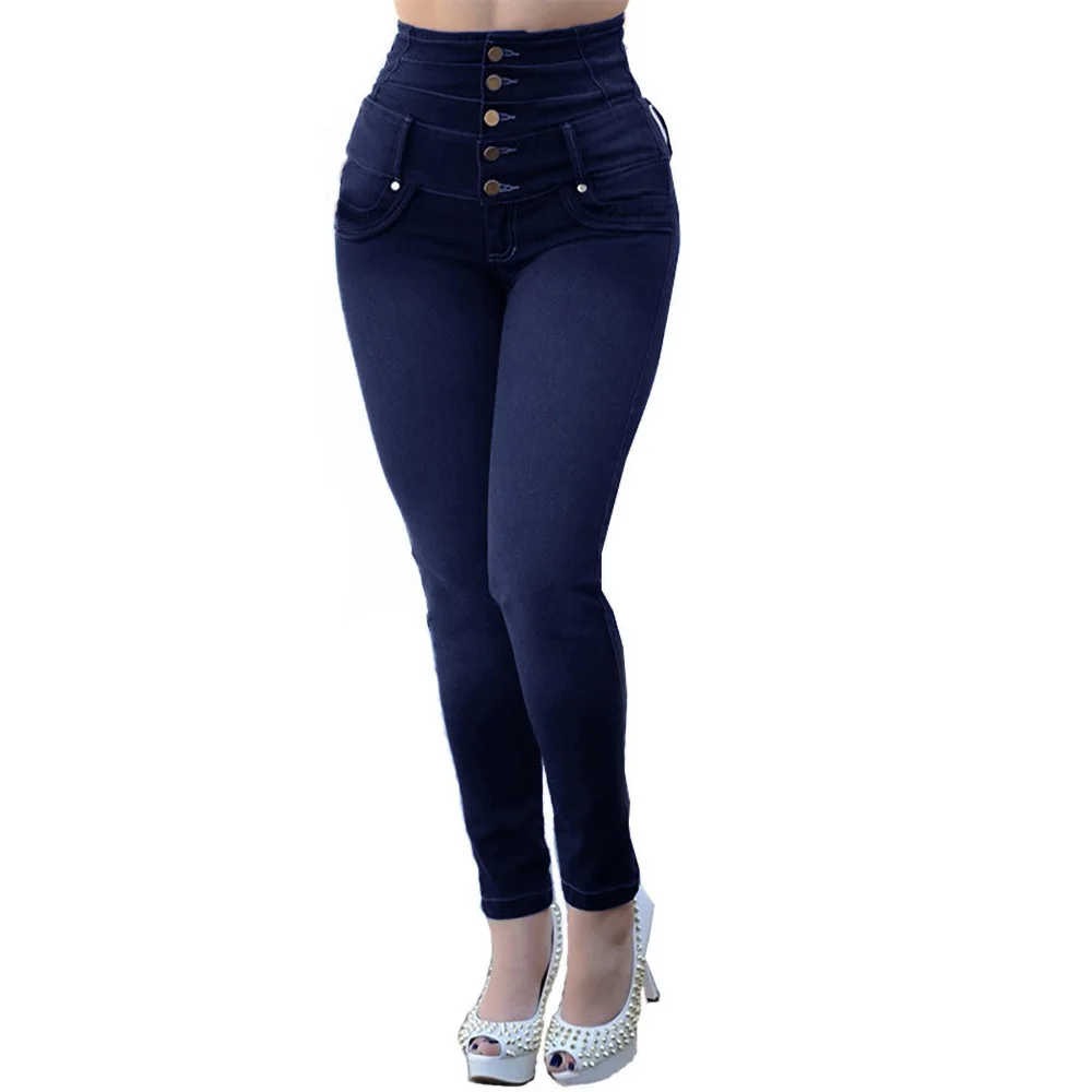 High Waisted Skinny Denim Jeans Elastic Force Close The Ffoot Denim Pants Autumn Ladies Sexy Comfortable New Fashion Monden O9 - Цвет: Blue Black