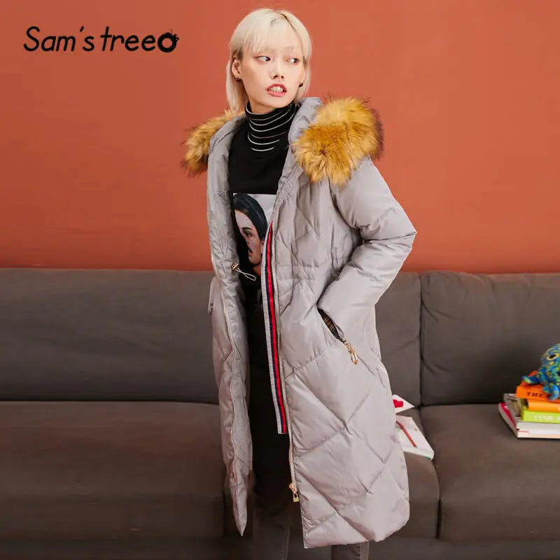 SAM'S TREE армейский зеленый Argyle толстовки на молнии теплый пуховик для женщин Зима Серый эластичный пояс рукав оверсайз женская верхняя одежда