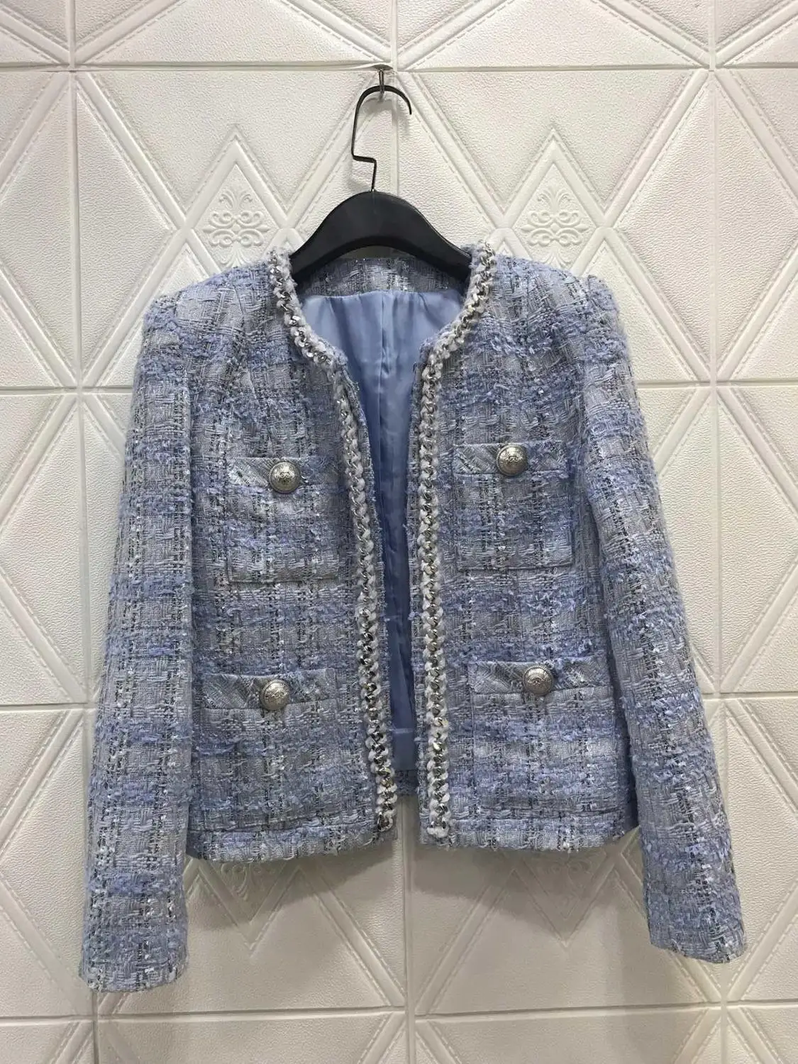 2019FW осень Новая женская Высококачественная твидовая куртка Женский жакет в стиле кэжуал Верхняя одежда Куртка gdnz 10,03 - Цвет: Синий