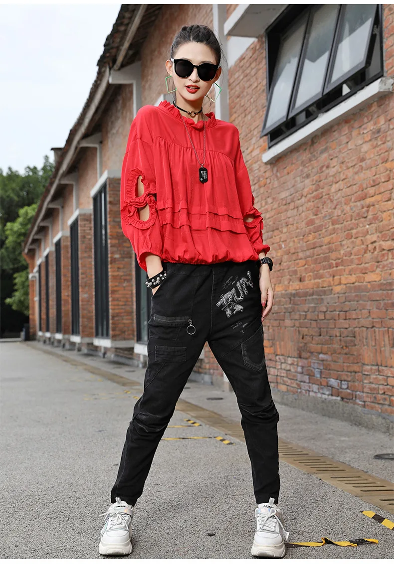 Vefadisa Hollow Out Long Sleeve T-shirt Fungus Patchwork Women T-shirt 2020 Autumn Plus Size Women T-shirt Black Red QYF3671