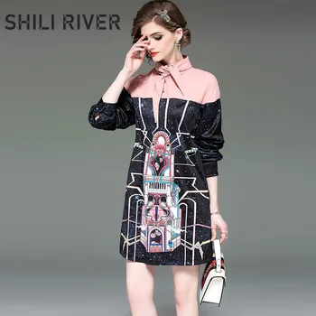 

New spring autumn mini dress for women long sleeve loose straight elegant cute print retro black button short dress with collar