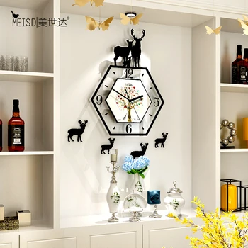 

New 3D Animal Deer Colorful Tree Flower Emboss Large Wall Clock Modern Design Home Decor Quartz Hanging Clocks With Wall Sticker
