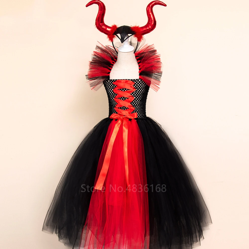 Maleficent of Evil queen/юбка-пачка для девочек; платье с рогами; костюм ведьмы на Хэллоуин; карнавальные вечерние костюмы для девочек