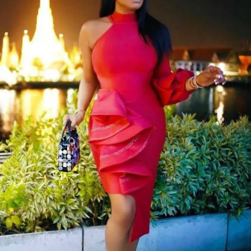 

Women Bodycon Party Dress Elegant Slim Elastic Dating Sexy Robes Lantern Sleeve Tunic Plus Size Dress