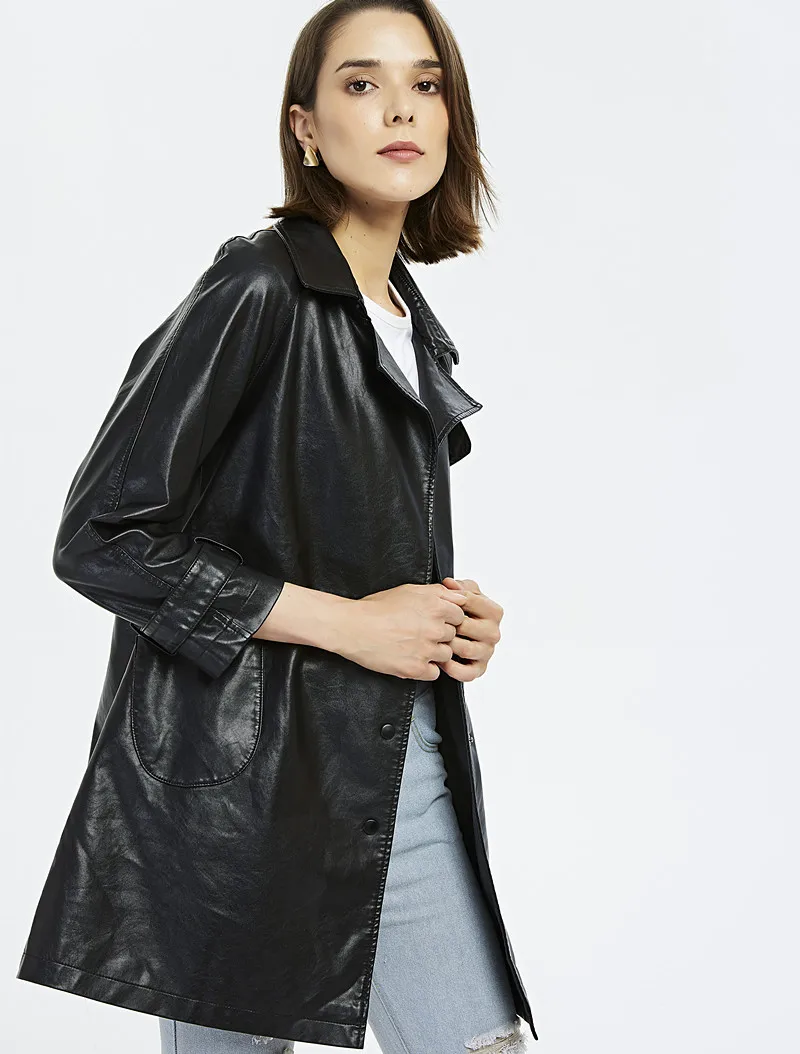 

Women Modis Slim Singer Button Long Female Jacket High Quality PU Motorcycle Autumn Winter Outerwear Jacket Black Leather Coat