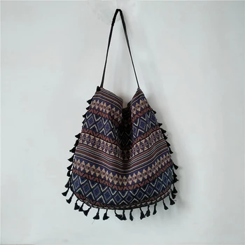 

Vintage Bohemian Tassel Shoulder Bag Women Nation Style Fringed Stripe Large Capacity Cotton Linen Handbags Bag