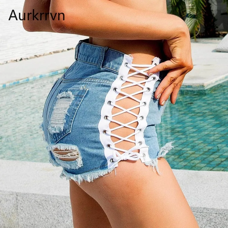 

Aurkrrvn Sexy Women's Hot Bandage Denim Shorts Female Skinny High Waist Ripped Hole Fringe Club Mini Jean Shorts Woman 2020
