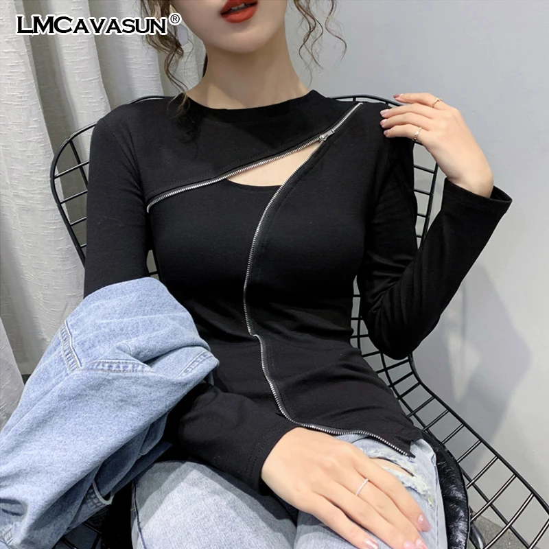 LMCAVASUN S-3XL Long Sleeve Basic T-shirt Women Spring Fall pullover Hollow zip Cotton Tshirt Girls Tees Tops | Женская одежда