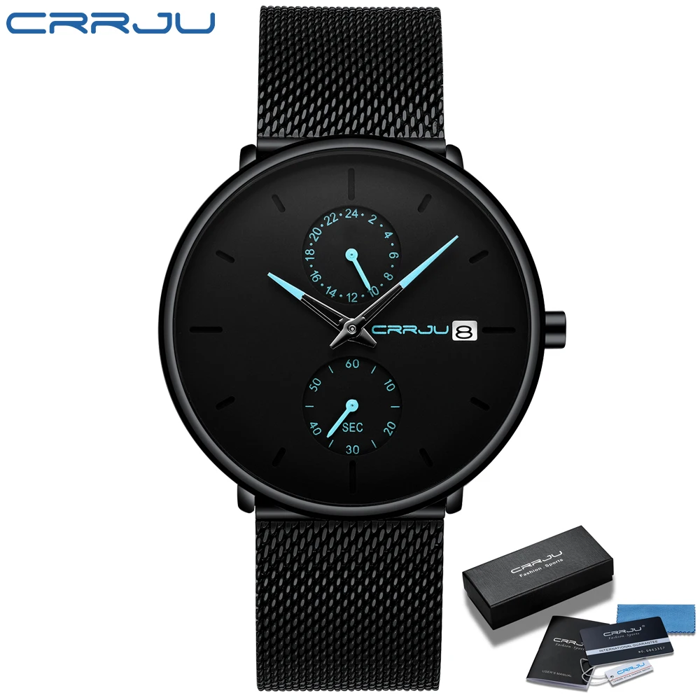 

CRRJU Top Luxury Brand Men's Analog Quartz 24 Hour Date Watches Man 3ATM Waterproof Clock Men Sport Full Steel Wrist Watch