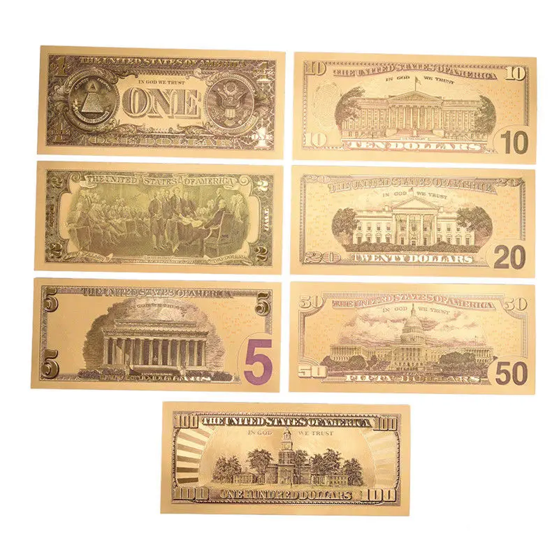 7Pcs/Lot Gold Plated US Dollar Fake Paper Money Banknotes fake money prop toy gold plated banknote commemorative banknotes Crafts For Collection Home Decor