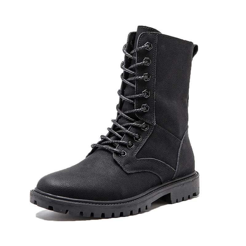 Misalwa/мужские мотоциклетные ботинки, выше размера 38-50 теплые зимние мужские ботинки из натуральной коровьей кожи до середины икры на меху военные ботинки на молнии - Цвет: Black