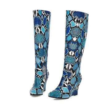 

Street sexy pointed toe riding boots serpentine plaid zipper color matching high heel wedges knee-high boots women's shoes