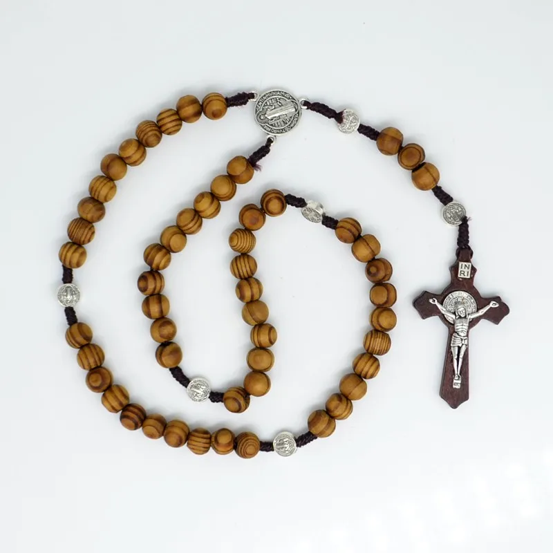 Pine Wood Rosary Beads Saint Benedict Medal INRI JESUS Cross Pendant Catholic Fashion Religious Jewelry
