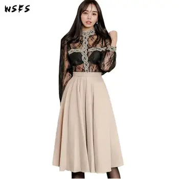 

2 Piece Set Spring Dresses Black Lace Tops Womens Dress Club Vintage Bodycon Bandage Khaki Midi Aline Sexy Party Korean Clothes
