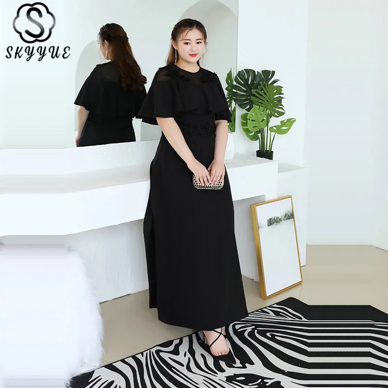 

Skyyue Sexy Split Evening Gowns 2019 Solid Plus Size Robe De Soiree O-Neck Short Sleeve Evening Dress Women Party Dresses T120