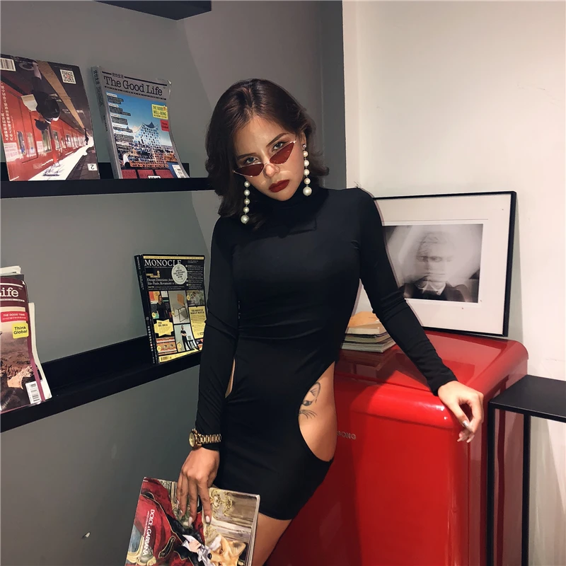 

Hugcitar neon hollow out sexy 2019 summer autumn women clothes long sleeve high neck party bodycon mini dress