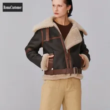 

Womens New Genuine Leather Jackets Fashion Biker Fur Coat Mixed Colors Turn-Down Collar Zippers Short Casual Straight Outerwear