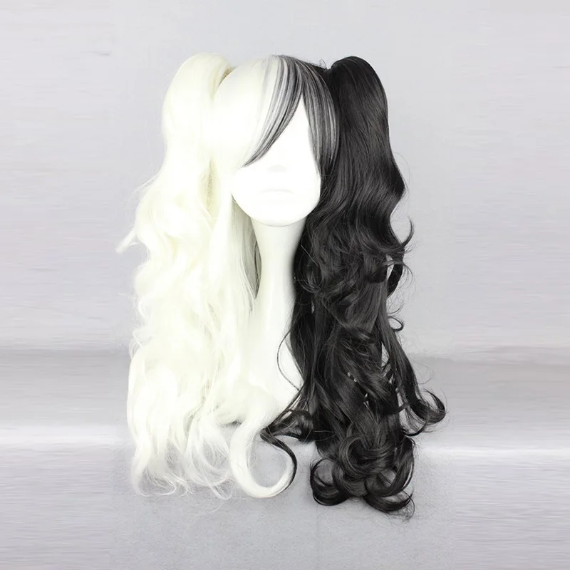 

Anime Danganronpa Monokuma Women Long Ponytails Curly Wig Cosplay Costume White Black Mix Heat Resistant Synthetic Hair Wigs