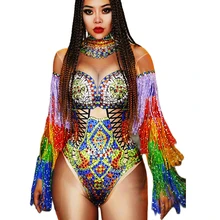 

Multi-Color Diamonds Tassel Women Bodysuits Skinny Elastic Backless Net Yarn Transparent Jumpsuits Nightclub Costumes