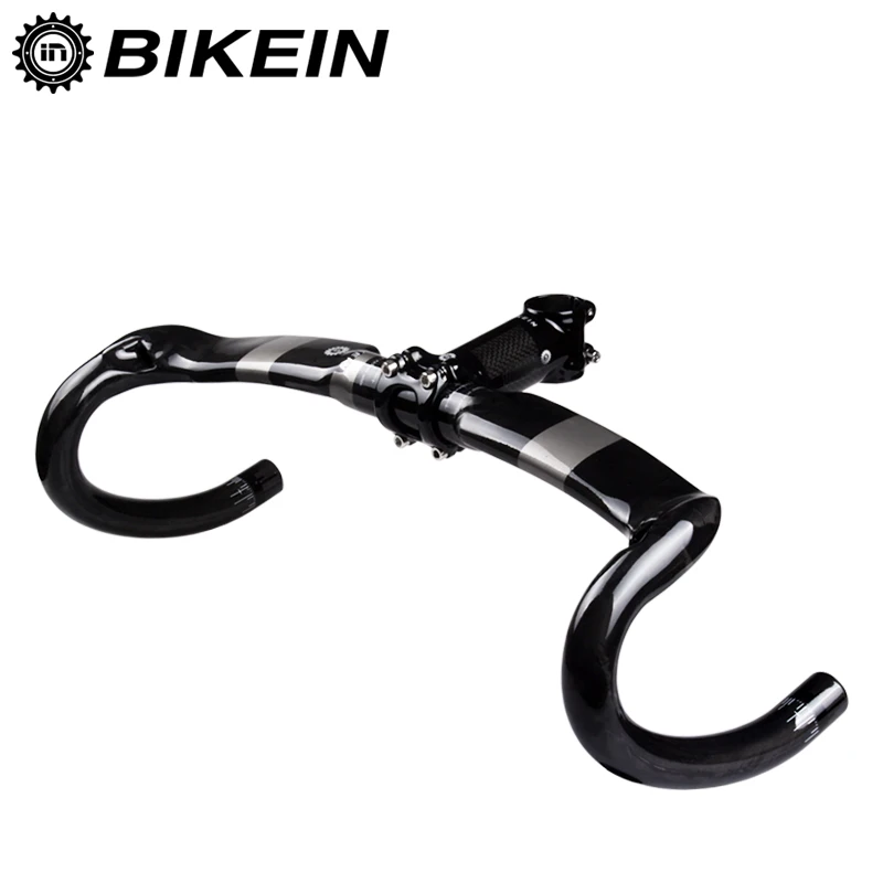 

BIKEIN Carbon Fiber Road Bike Handlebar Drop Bar 400/420/440mm and Stem 80/90/100/110mm Glossy Black Cycling Bicycle Parts 355g