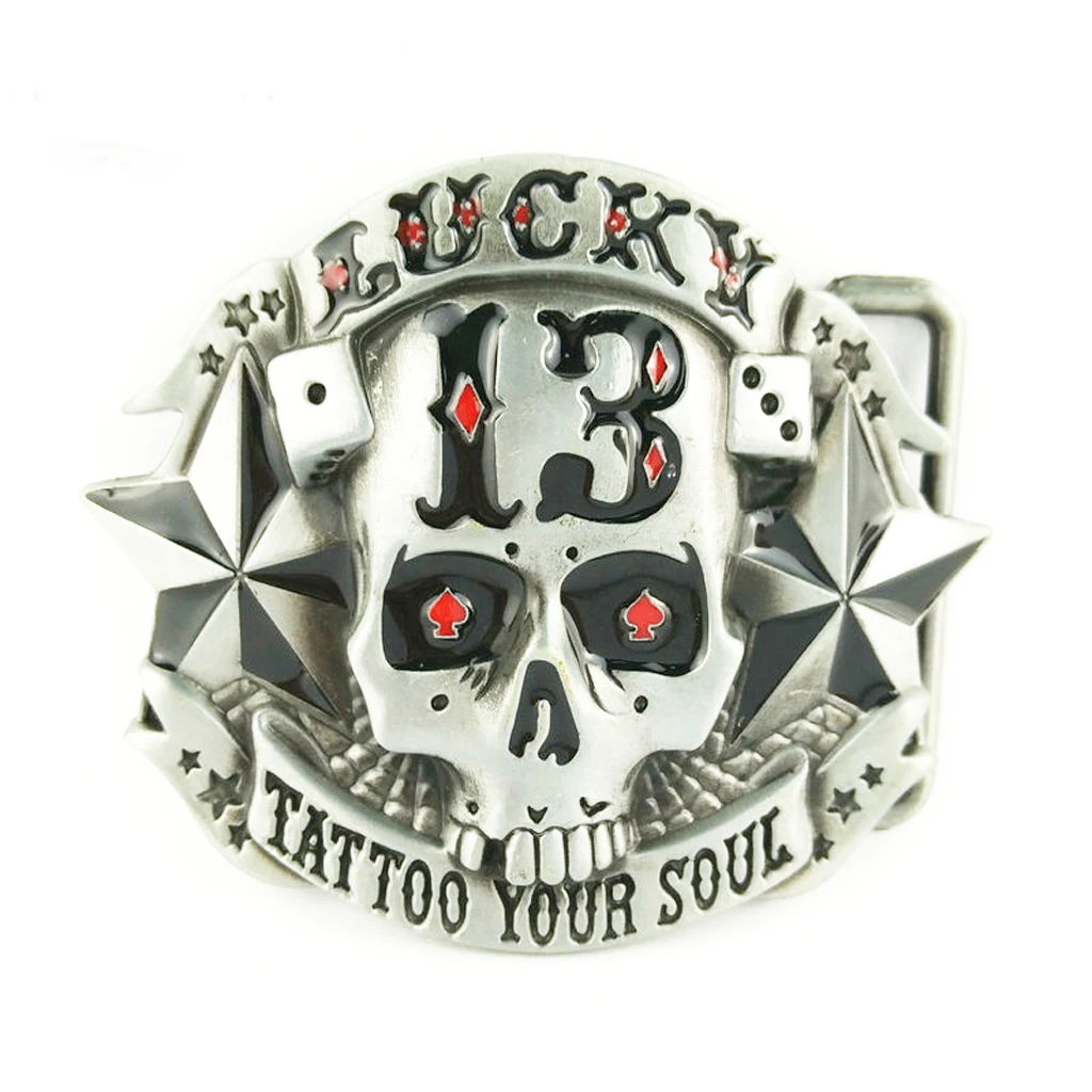 Antique Silver Skull Belt Buckle 13 Stars Tattoo Your Soul Lucky G&uuml;rtelschnalle