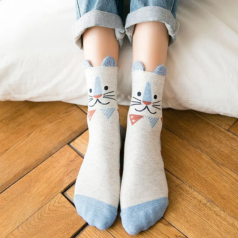 Милые носки с ушками животных осенние японские хлопковые носки стильные носки с героями мультфильмов 5 пар носков