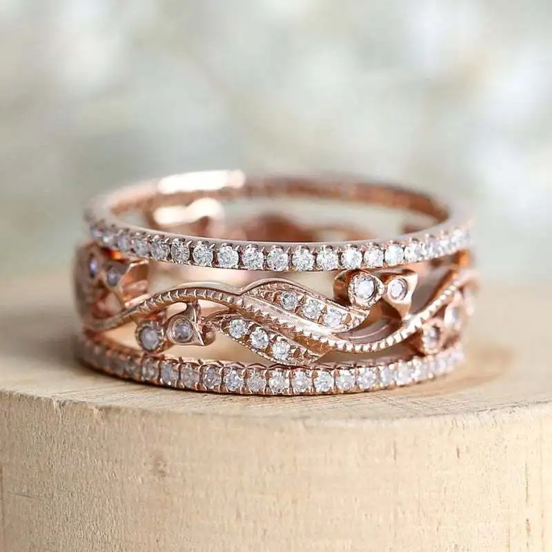 New Women's Size 5-12 Rose Gold Ring Creative Hollow Micro inlaid Crystal CZ 3-piece set Fashion Glamour Jewelry Wholesale | Украшения