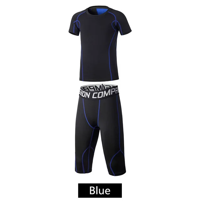 blue line set Быстросохнущая Спортивная одежда для бега, мужские футболки для бега, комплекты брюк, Компрессионные спортивные леггинсы, костюмы, баскетбольные шорты, колготки, одежда - Цвет: blue line set
