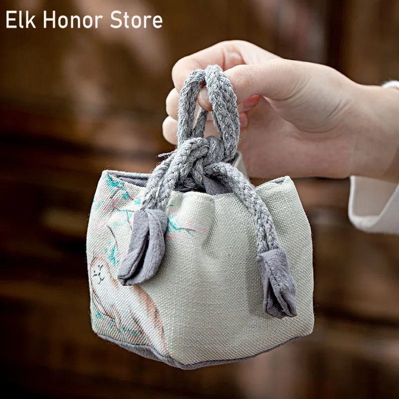Retro Painting Cat Art Teaware Storage Bag Outdoor Travel Tea Set Tea Cozies Silk Teapot Teacup Cloth Bag Nut Protection Package
