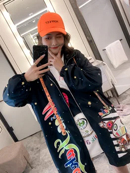 

Printed Coat Women's Mid-length Thailand Popular Brand 2020Spring New Style Cartoon Loose-Fit Slimming CHIC Cardigan Trench Coat