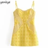 2022 Women Yellow Lace Trim Spaghetti Strap Bodycon Mini Dress Romantic Lady Backless Sleeveless Party Club Sexy Dress ► Photo 1/6
