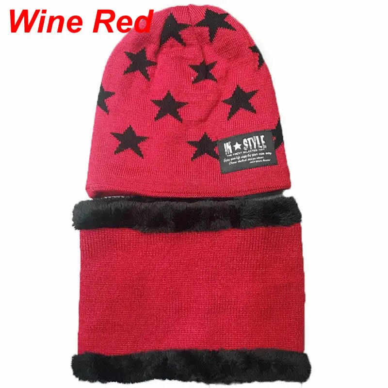 Wine Red Модная детская шапка из шерсти и флиса, детские вязанные шарф и шапка, комплект для маленьких мальчиков и девочек, зимняя теплая шапочка шарфы с капюшоном - Цвет: Wine Red
