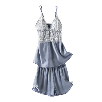 

V-Neck Nightgown Set Gray Womens Cami Top Short Pants Lace Nightsuits Sleeveless Nightwear Pajamas Suit Sleepwear Gown Negligee
