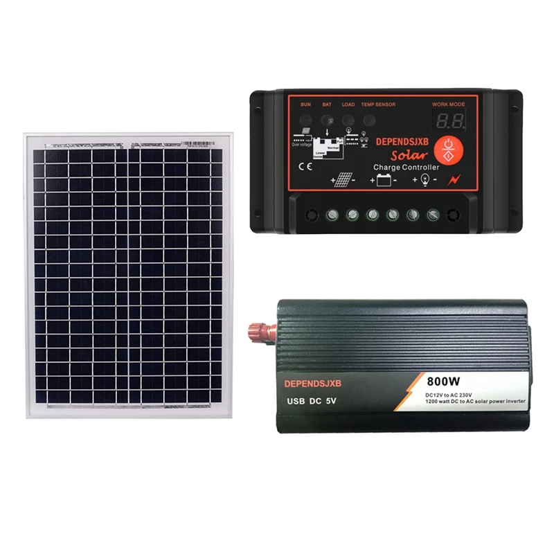 

18V20W Solar Panel +12V Controller + 800W Inverter Dc12V-Ac230V Solar Power Generation Kit, For Outdoor And Home(30A)