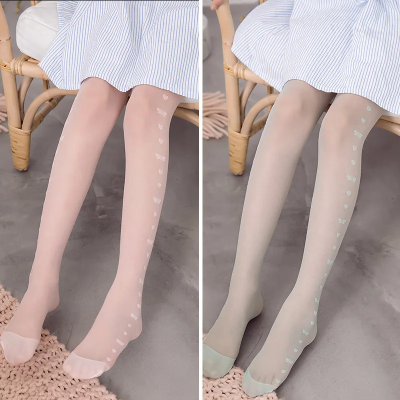 

Summer Ultra-Thin Transparent Heart Bow Girls Anti-mosquito Stockings Leggings Silk Stockings Breathable Panty-hose for Kids