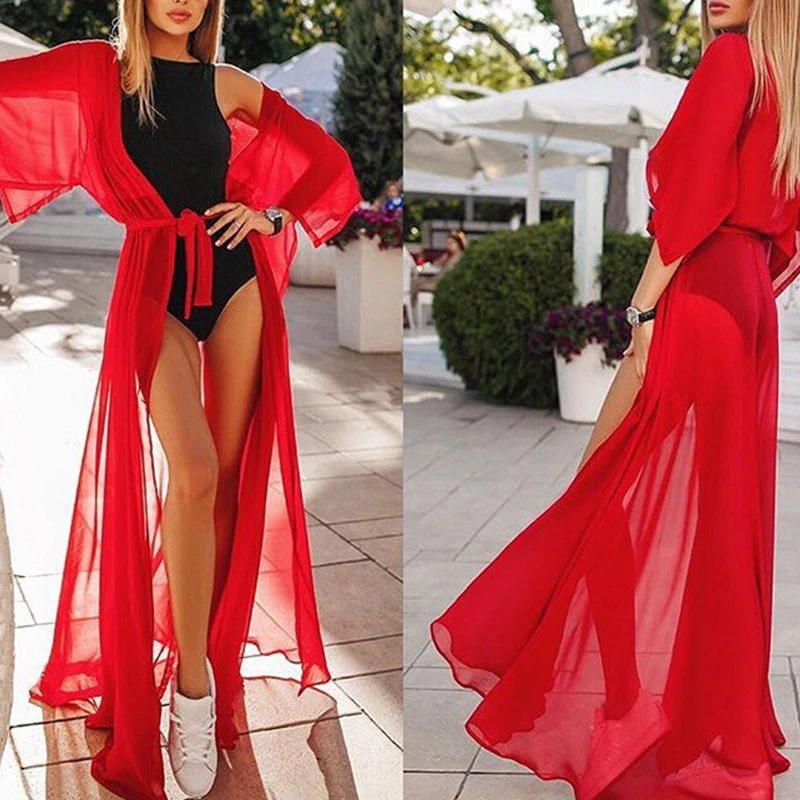 Summer Women Swimsuit Bikini Cover Up Chiffon Long Dress Sexy Beach Cover Ups Elegant Solid Beach Bathing Suit tunic kaftan