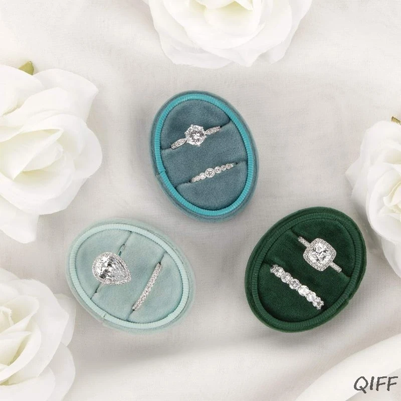 Velvet Double Ring Box Oval Wedding Ceremony Ring Box with Detachable Lid