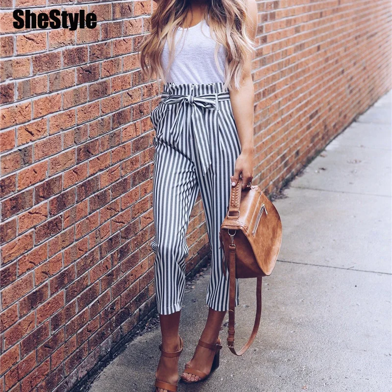 Женские шаровары в полоску с поясом Shestyle повседневные офисные осенние брюки