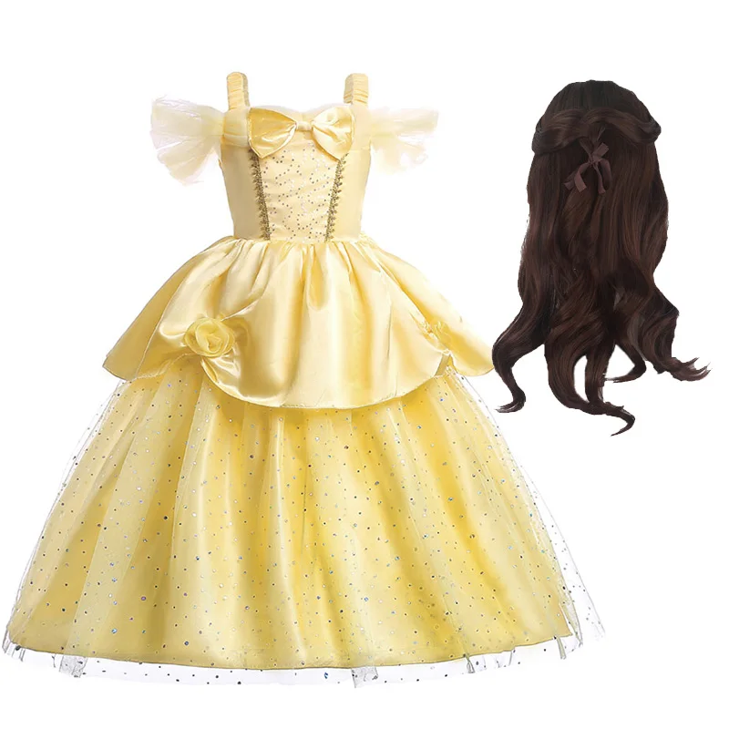 Платье принцессы Белль для девочек; детский летний костюм для красавицы и чудовища; Детские вечерние Карнавальные Платья для костюмированной вечеринки на Рождество - Цвет: Rress and W01
