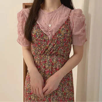 

Summer Two Piece Set Women Long Dress Elegant Short Sleeve O-neck Blouse and High Waist Spaghetti Strap Floral Print Long Dress