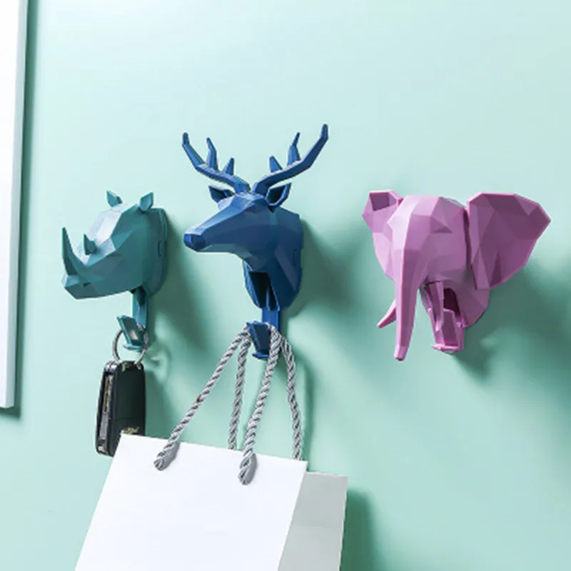 Deer Head Self Adhesive Wall Hanger Hook Elephant Rhinoceros Display Rack Bedroom Door Key Coat Decoration Sticky Hook