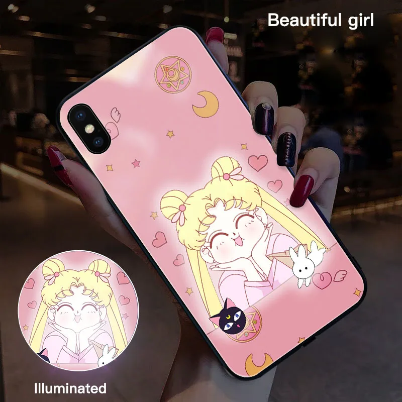 Sailor Moon 4 Чехол из стекла с рисунком Сейлор Мун для iPhone XSmax XR XS X 8 7 Plus, Роскошный милый умный светящийся чехол для телефона - Цвет: Sailor Moon 4