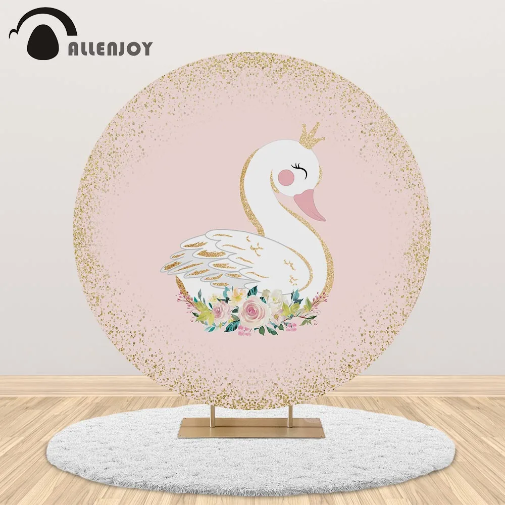 Allenjoy Birthday Circle Fondale Swan Pink Flower Crown Princess Girl Baby Shower Round Puntelli Party Custom Decor Background