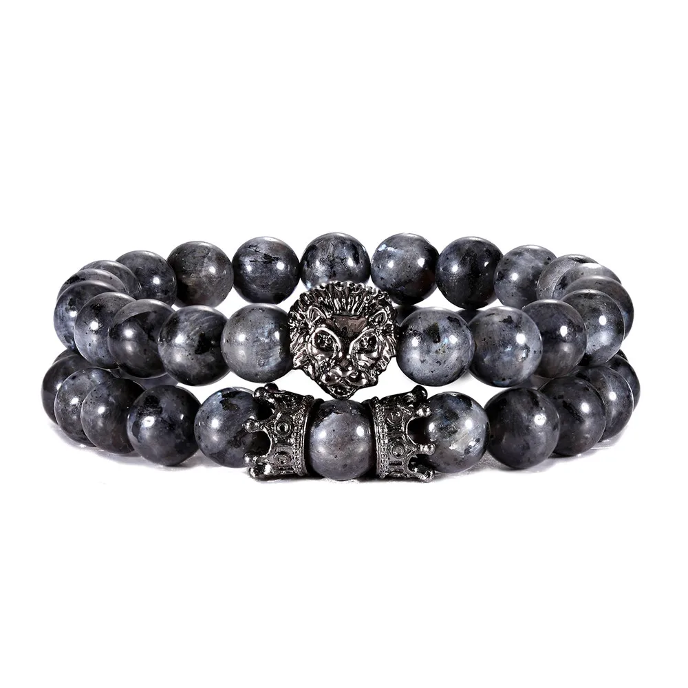Bracelet Jewelry 2 Pcs / Set Vintage Lion Head and Crown Charm Bracelet 8mm Natural Lava Stone Beads Bracelet Men Fashion Jewelry