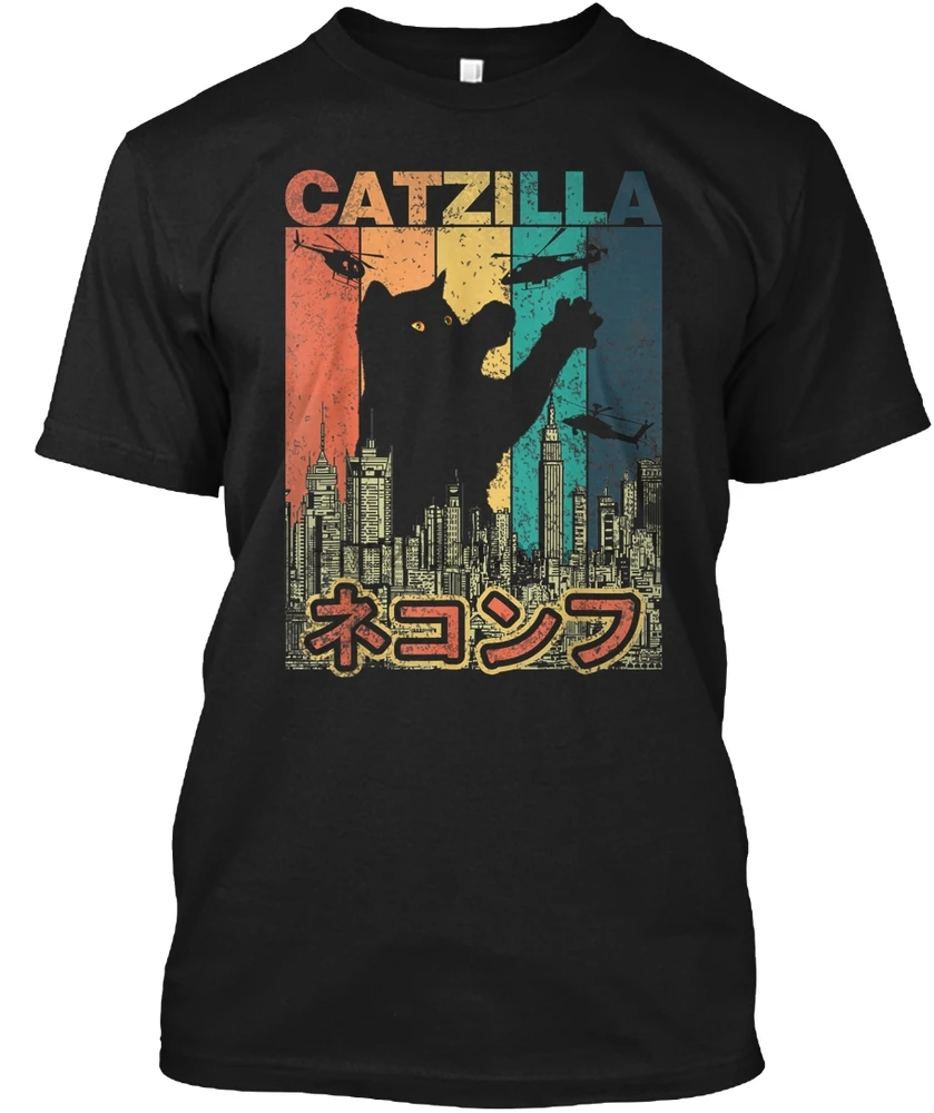 Мужская Винтажная Футболка CATZILLA японская футболка с котенком для влюбленных