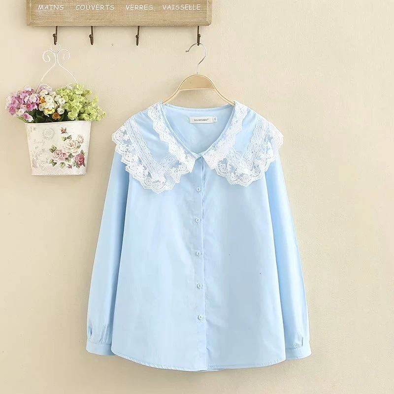 Плюс Размеры Vrouwen кружевная блузка Wit Blauw Lange Mouw Werkkleding Топы | Женская одежда