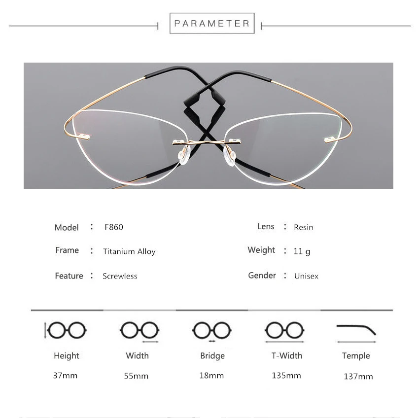 Women Titanium alloy Screwless Rimless Cat Eye Glasses Frame Ultralight Frameless Optical Frames For Prescription Myopia F860 eyewear frames women glasses