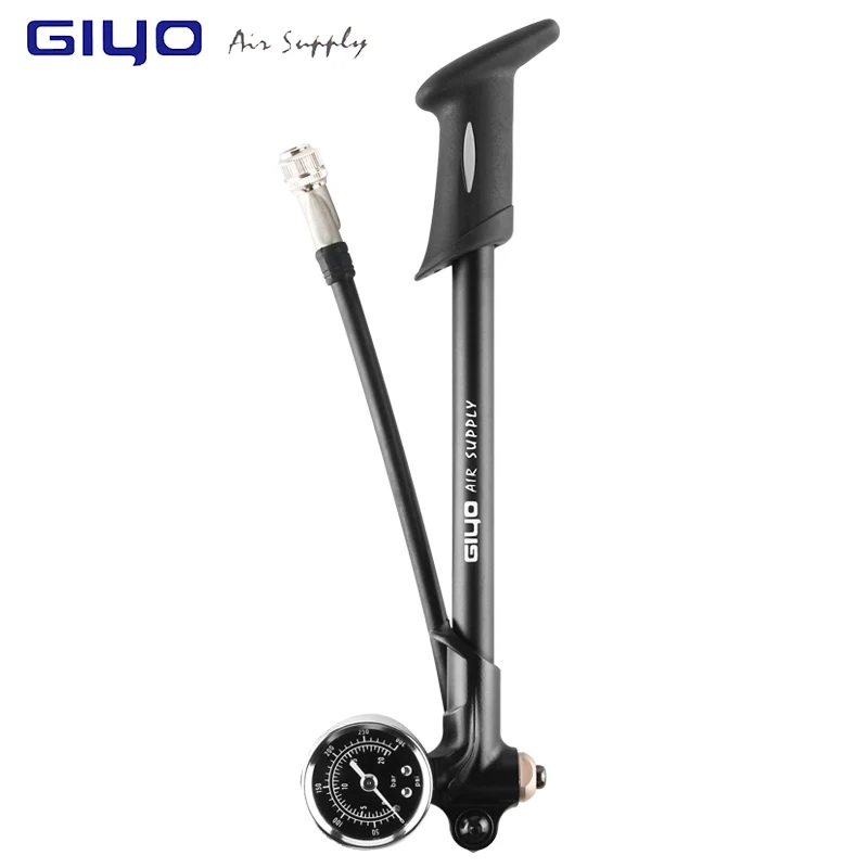 GIYO насос 300 фунтов/кв. дюйм, велосипедный воздушный ударный насос высокого давления для вилки и задней подвески, велосипедный насос для горного велосипеда с манометром - Цвет: Black-GIYO