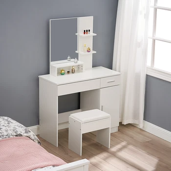 

Panana Dressing Table Makeup Table Vanity Desk Large Frameless Mirror Cushioned Stool Set 4 shelves 1 Storage Cabinet White